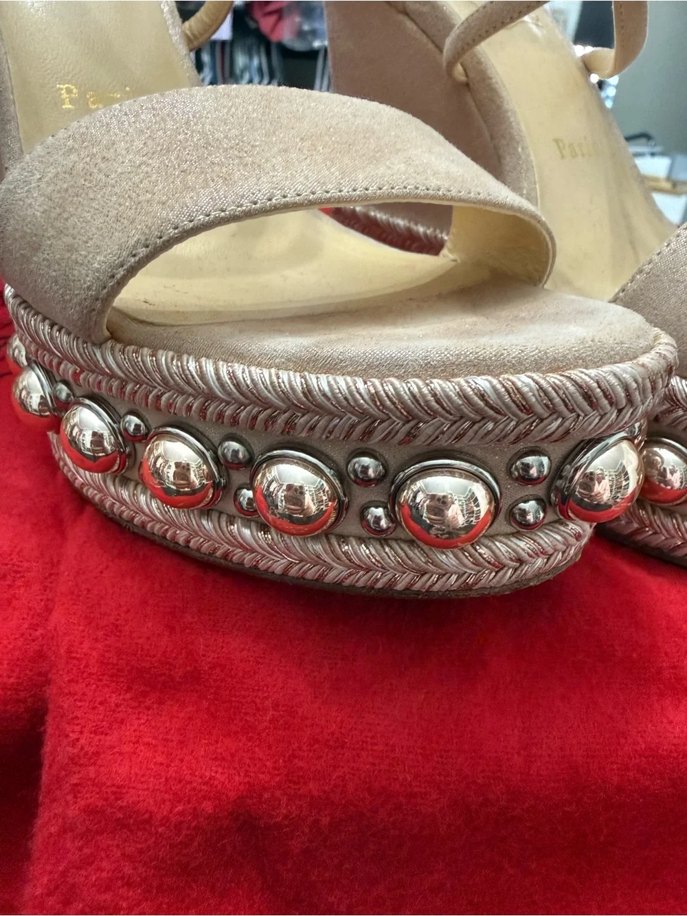 Christian Louboutin Nude Suede Studded Espadrille Wedge Sandals